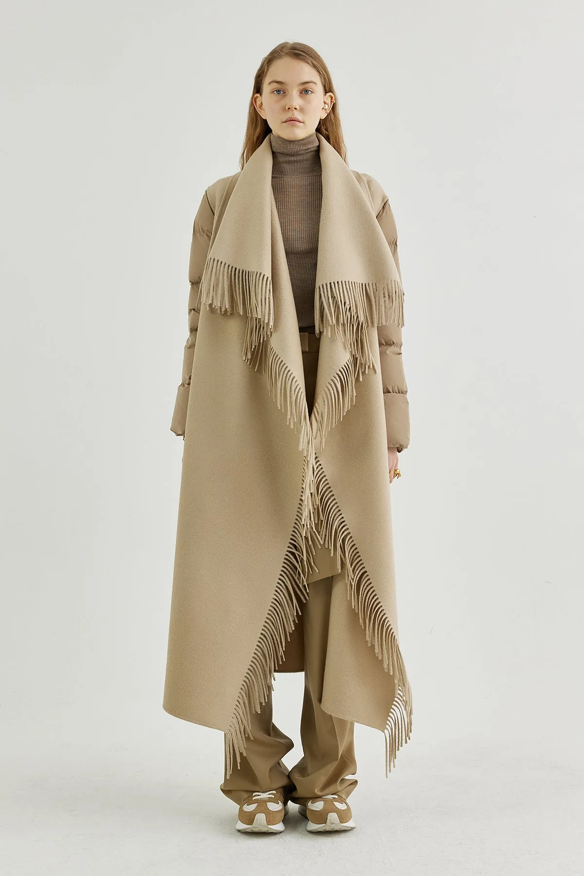 Quilted down sleeves double-faced wool fringed coat