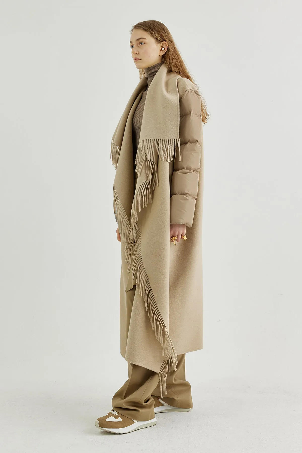Quilted down sleeves double-faced wool fringed coat
