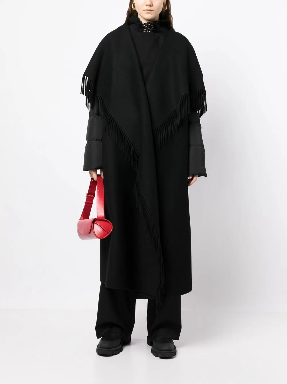 Quilted down sleeves double-faced wool fringed coat