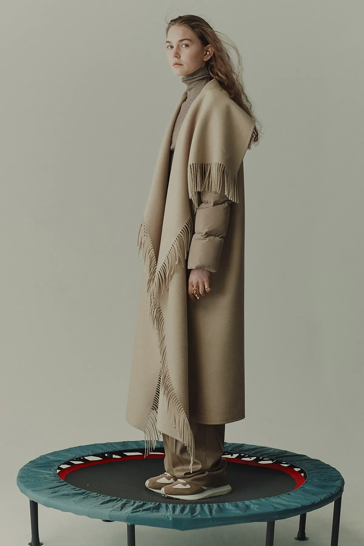 Quilted down sleeves double-faced wool fringed coat