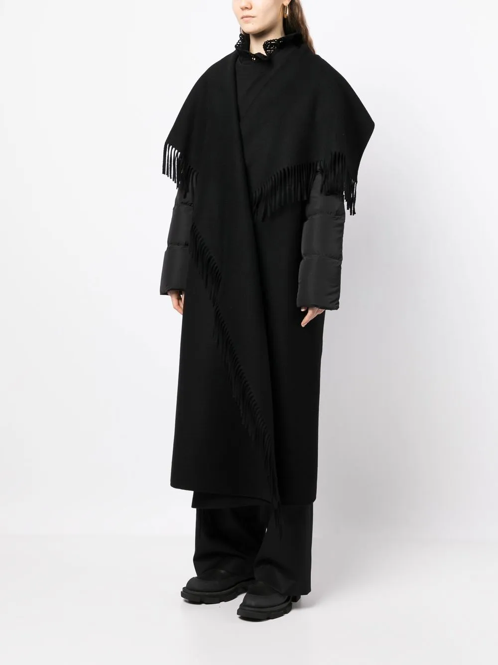 Quilted down sleeves double-faced wool fringed coat