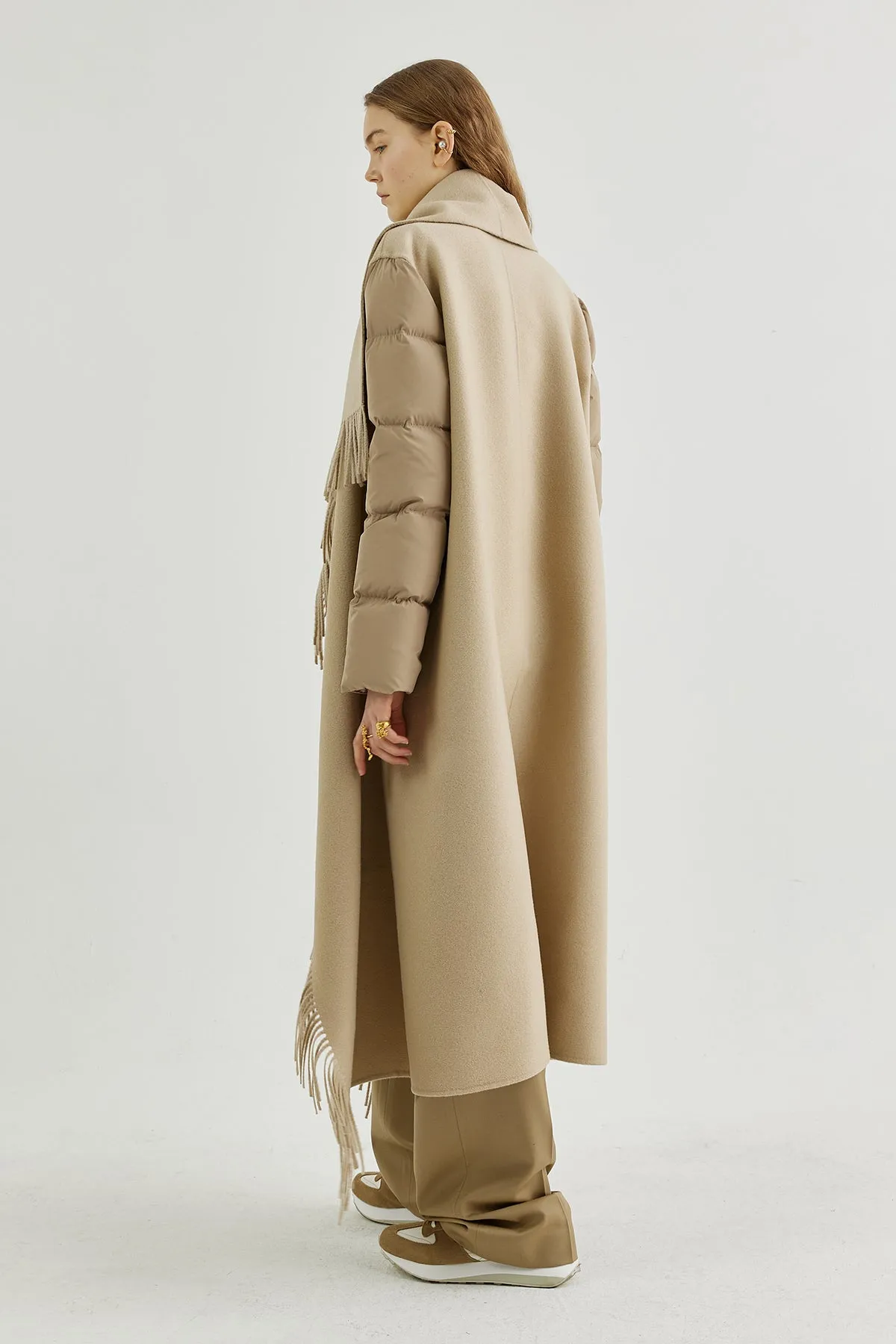 Quilted down sleeves double-faced wool fringed coat
