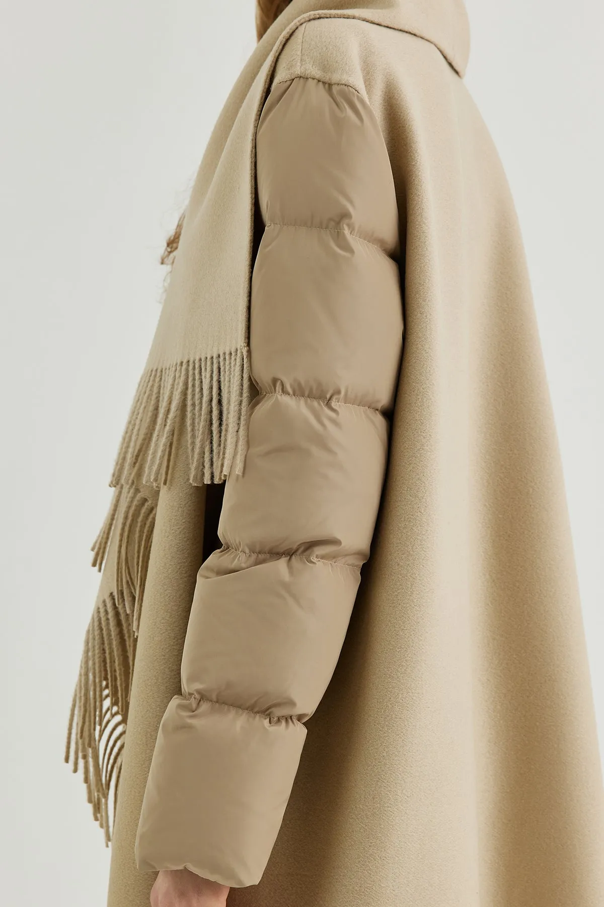 Quilted down sleeves double-faced wool fringed coat