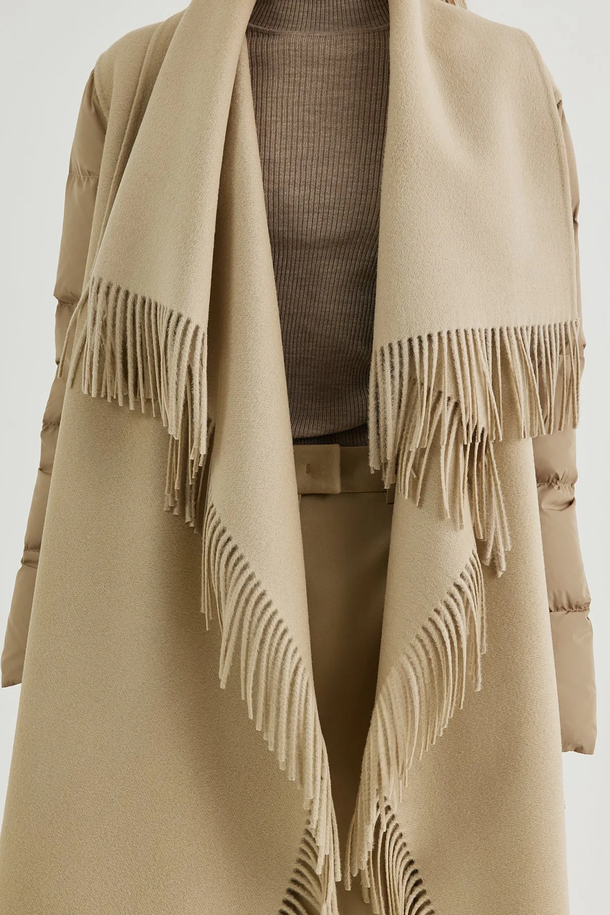 Quilted down sleeves double-faced wool fringed coat